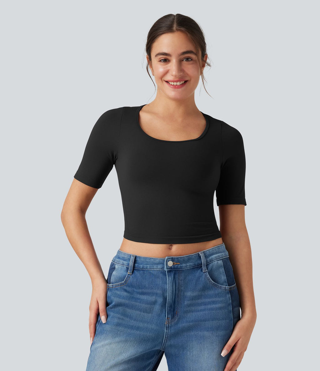 Haut de sport yoga OneForm sans couture Flow col rond échancré manches courtes