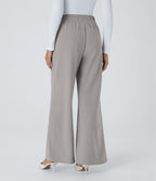 Halara Flex™ Pantalon Tailleur en Tissu Gaufré Taille Haute avec Large Ceinture Plis Poches Latérales Jambes Larges