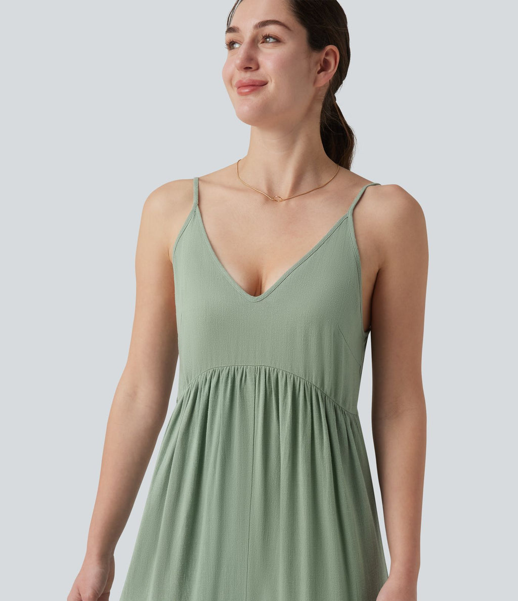 Combinaison casual large en lin sans manches, dos nu avec bretelles réglables et lien dans le dos