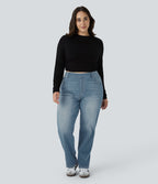 Jean décontracté Halara Flex™ grande taille, taille haute, multiples poches, jambes droites, effet délavé, en maille extensible