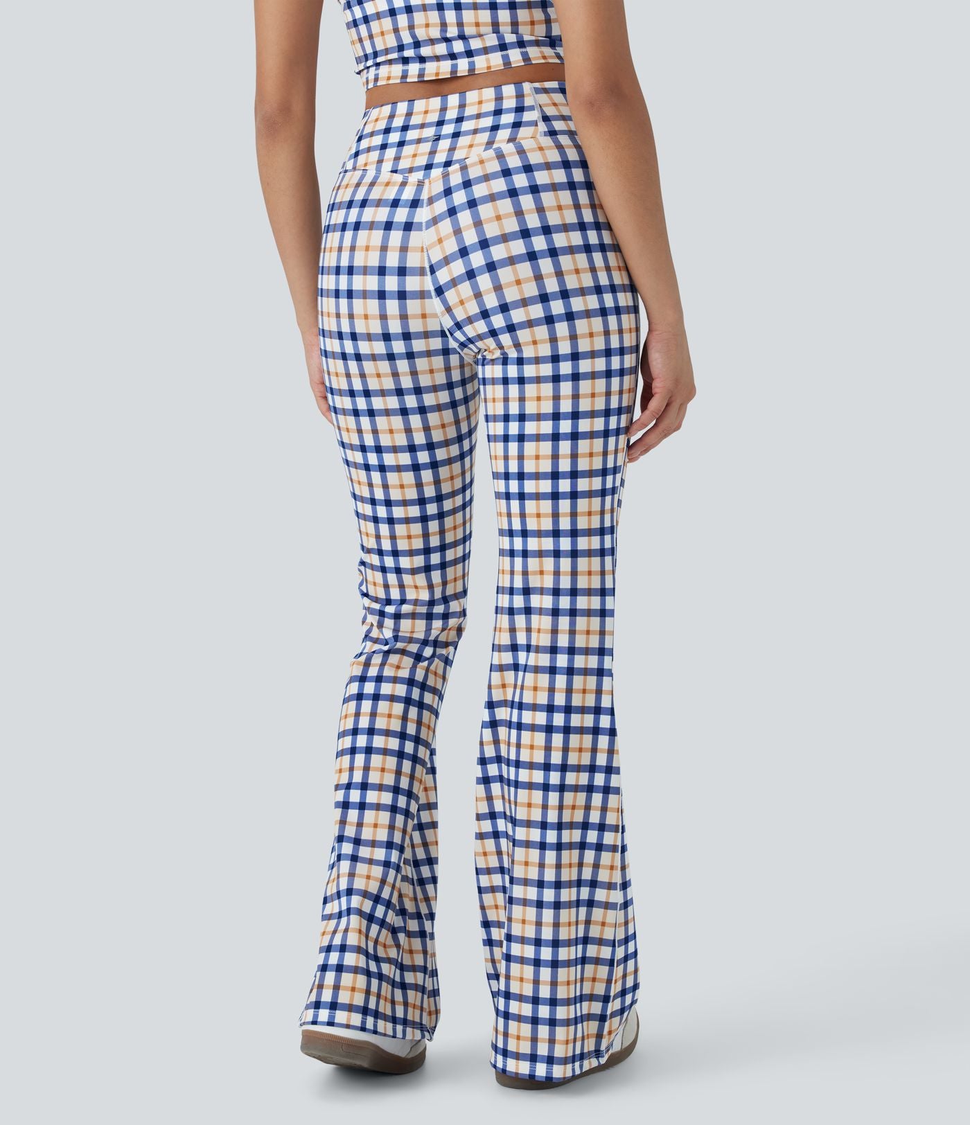 Pantalon évasé de yoga taille haute Cool Touch à motif écossais avec croisement et poche