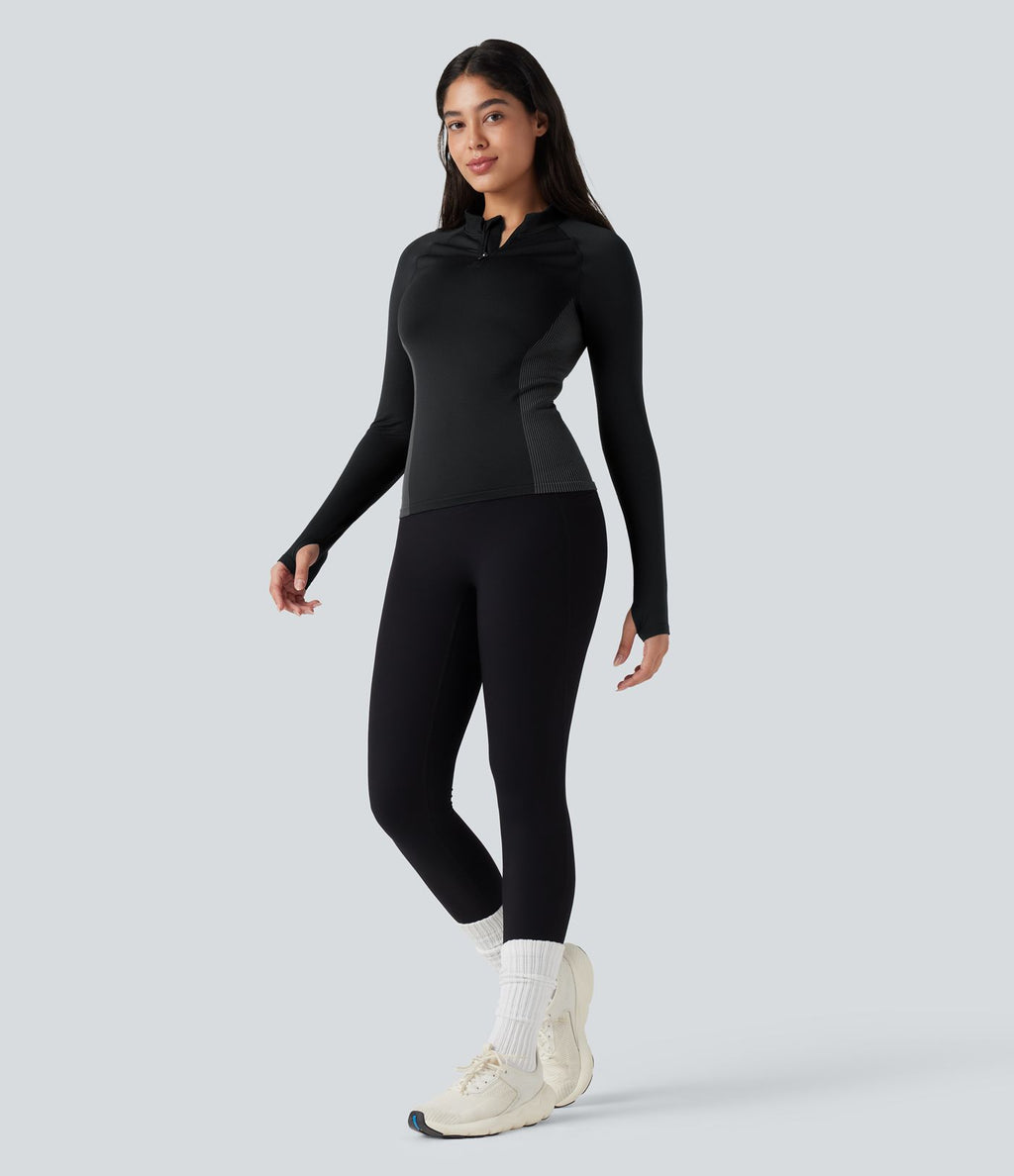 Haut de sport yoga demi-zip à manches longues avec passants pouces sans couture OneForm Seamless Flow
