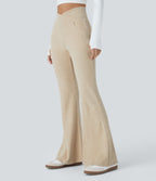 Pantalon Taille Haute Casual Évasés en Tricot Côtelé avec Poches Latérales et Croisé