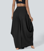 Pantalon décontracté drapé à poches multiples et taille moyenne, jambe large