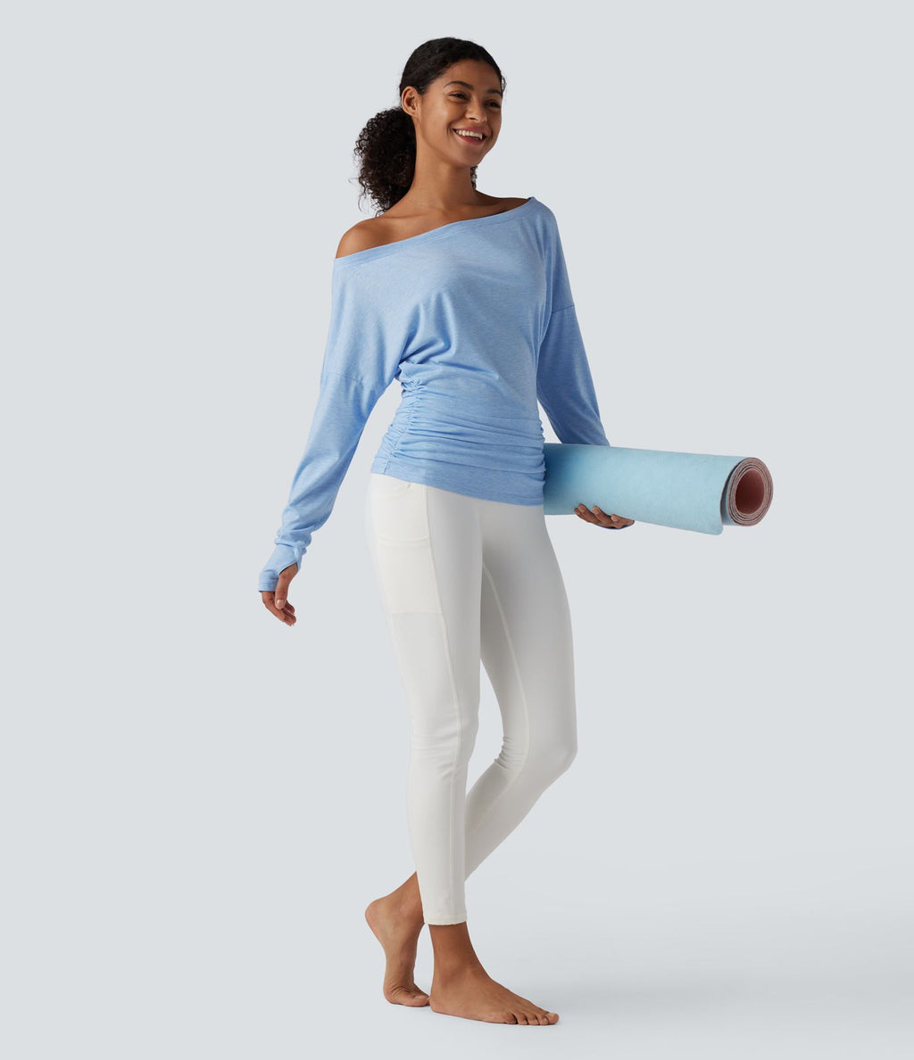 Haut de sport yoga asymétrique manches longues à trous pouces froncé