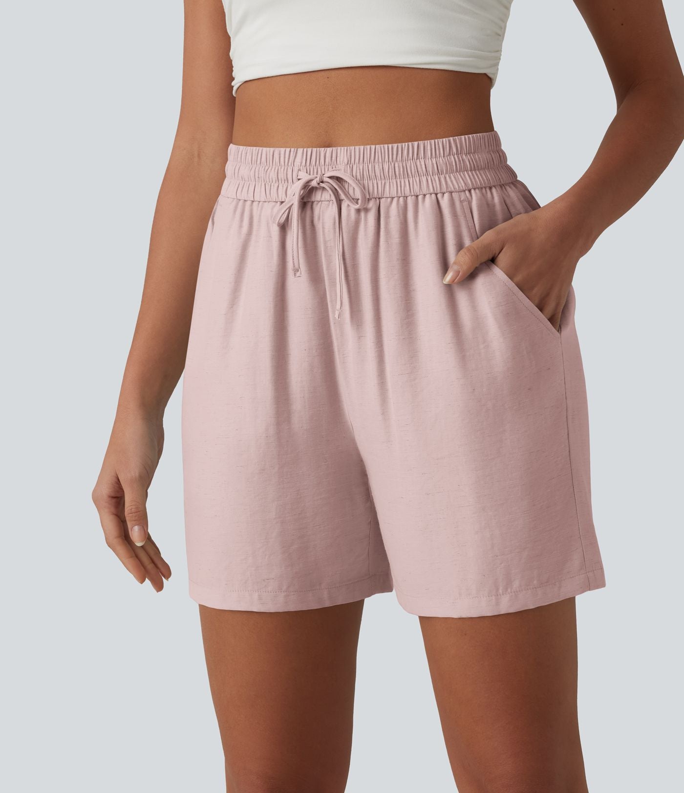 Short décontracté ample en lin mélangé taille haute avec cordon de serrage, 12,5 cm, et poches
