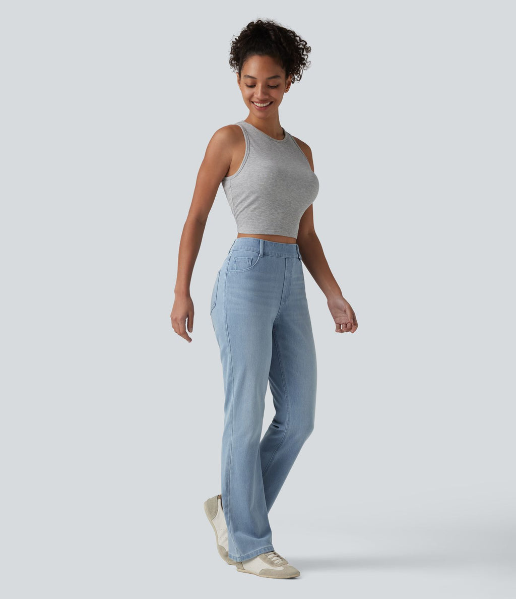 Halara Flex™ Jeans bootcut Casual Taille Haute Multiples Poches Lavés Élastiques et Tricotés Coupe