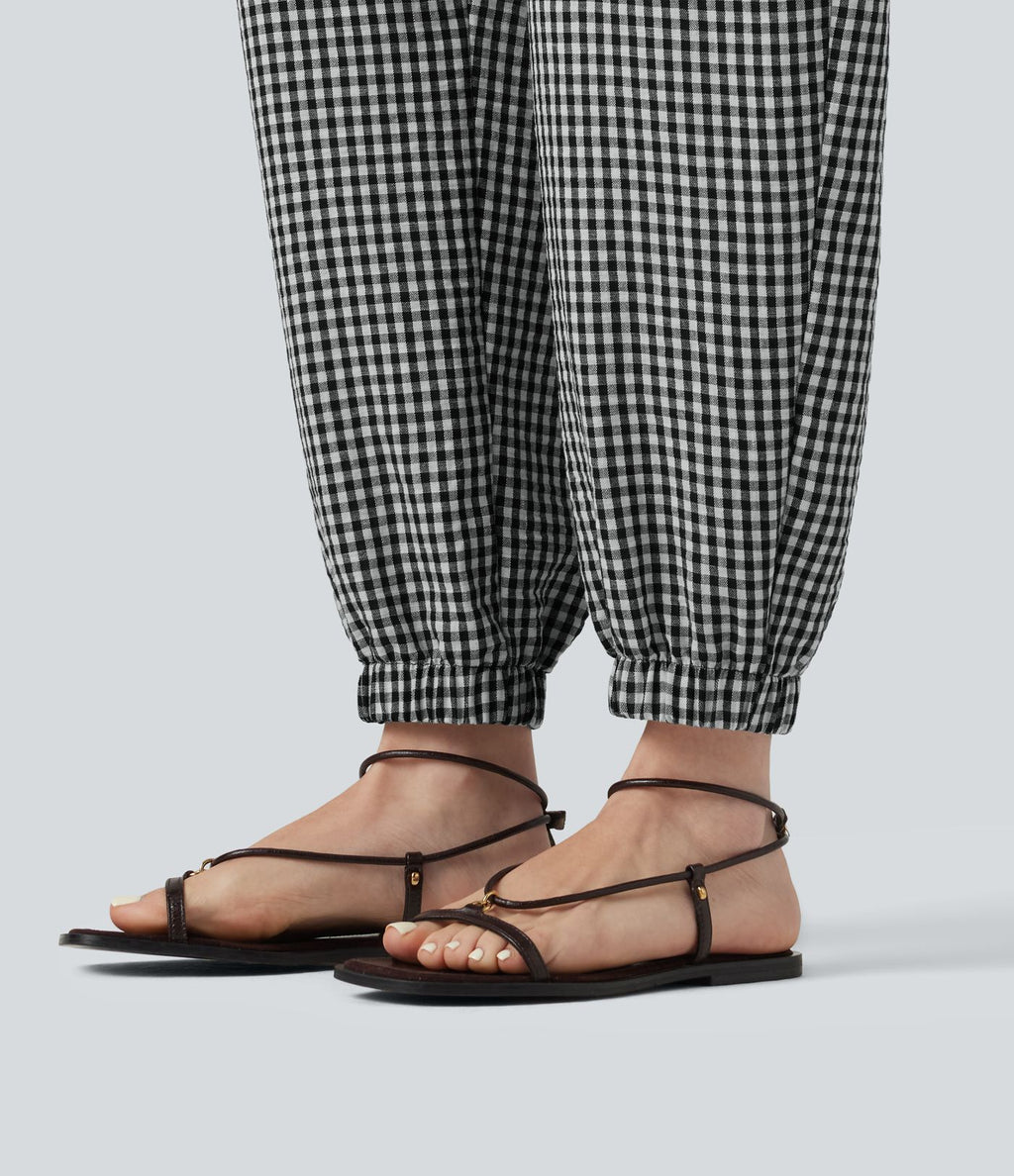 Salopette jogging décontractée à carreaux aspect lin avec poches