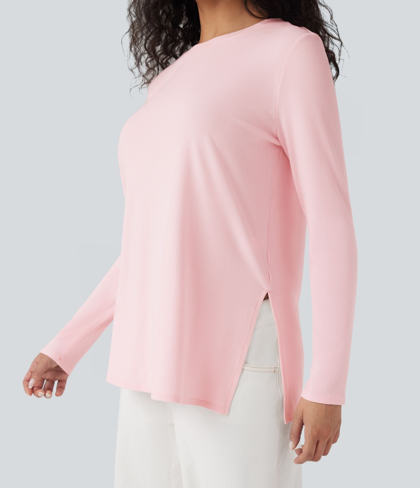 T-shirt décontracté maille côtelée manches longues ourlet fendu