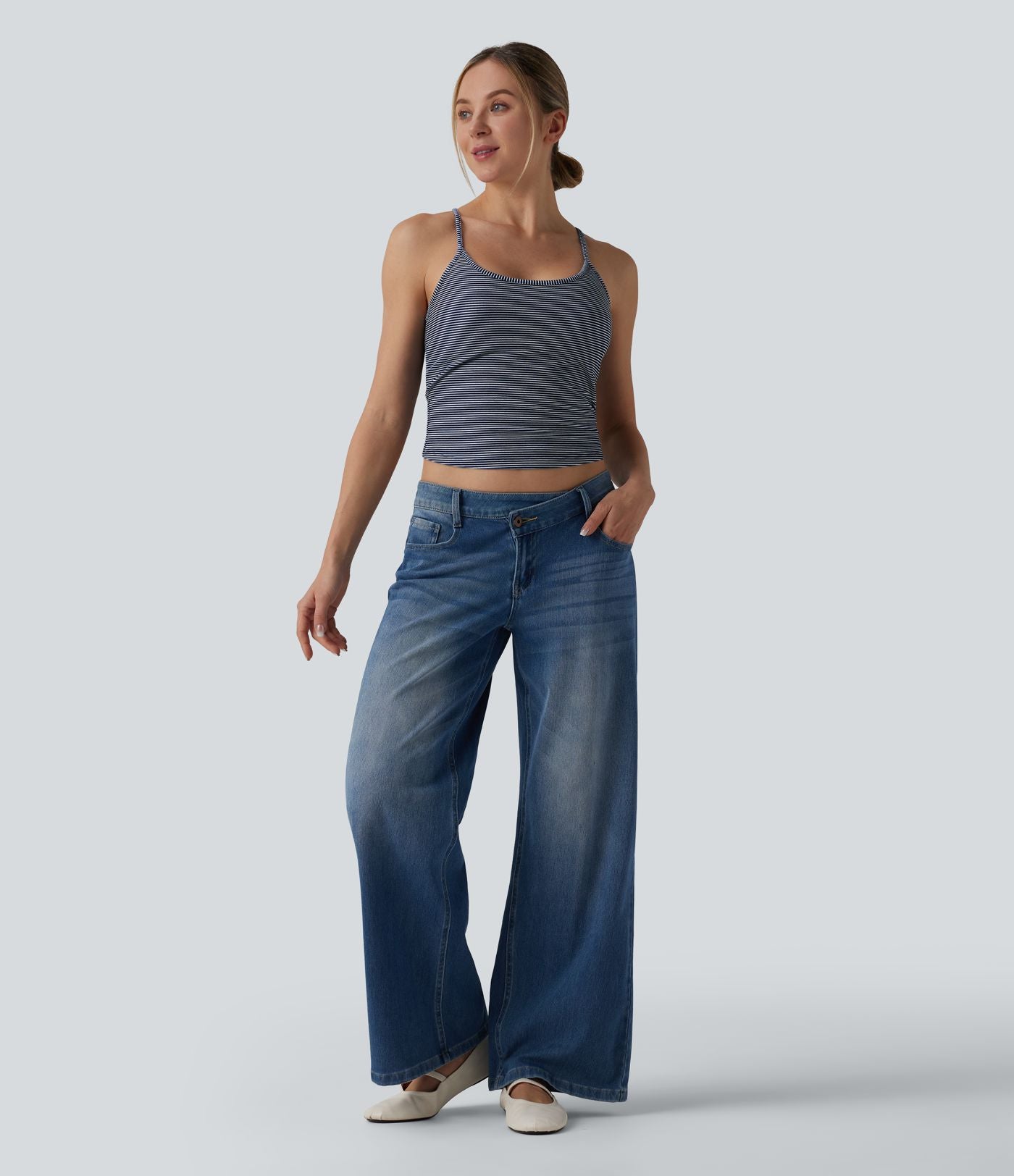 Top débardeur denim décontracté Halara Flex™ col U brassière intégrée rayé