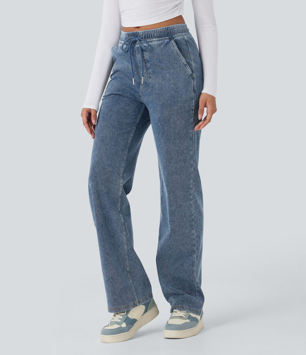 Pantalon décontracté droit taille mi-haute avec cordon et poches