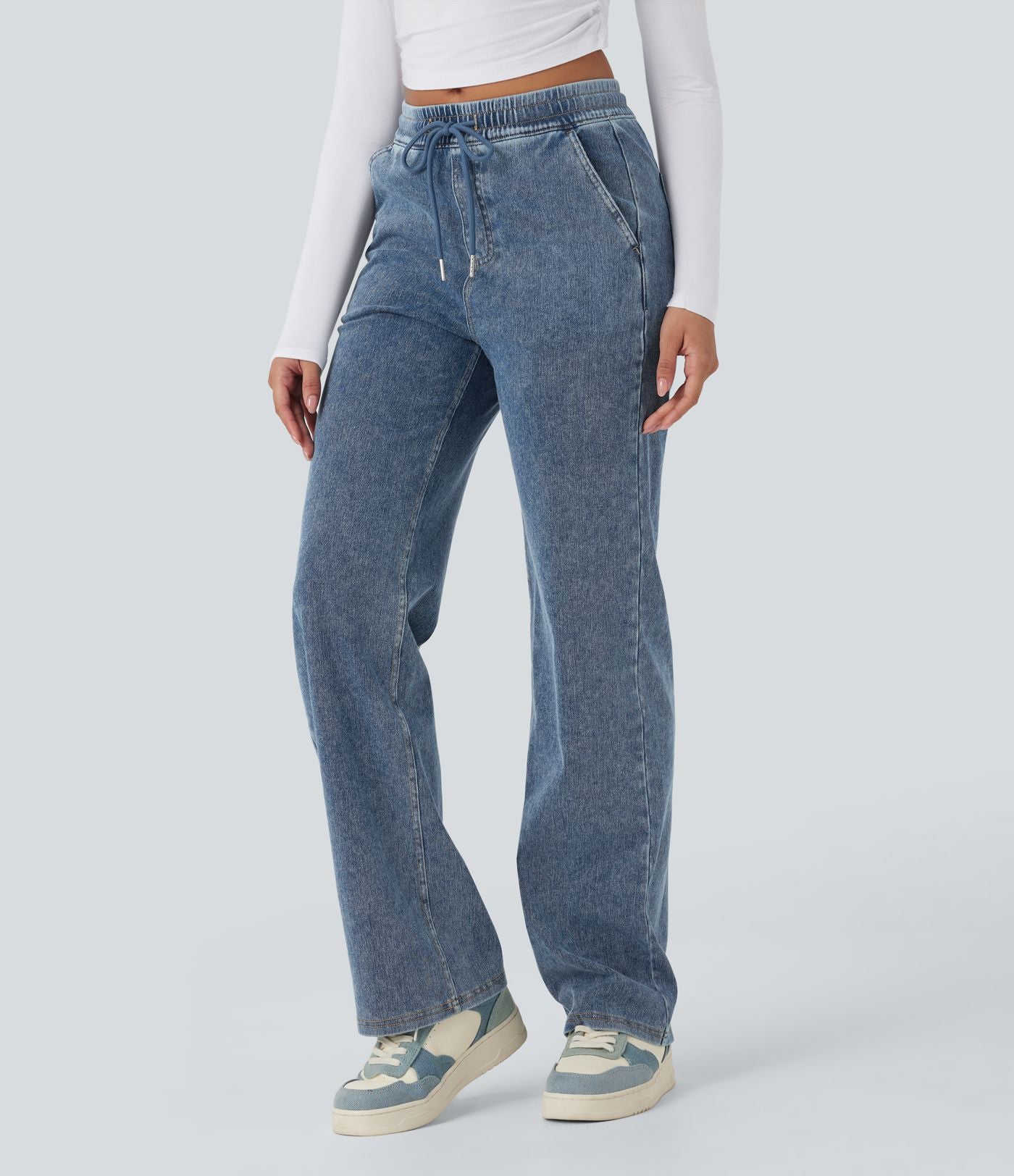 Pantalon décontracté droit taille mi-haute avec cordon et poches