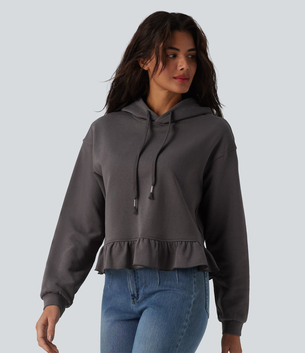 Sweat-shirt décontracté en coton à capuche avec cordon de serrage manches longues ourlet à volants