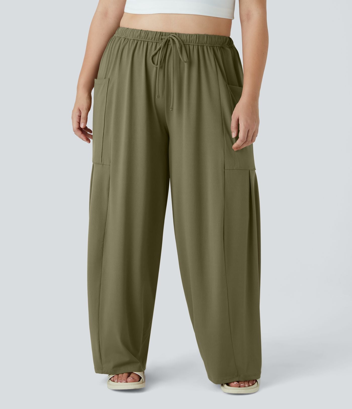 Pantalon Large Casual Taille Mi-Haute Taille Élastique Cordon Poches Latérales Ourlet Flottant Grande Taille