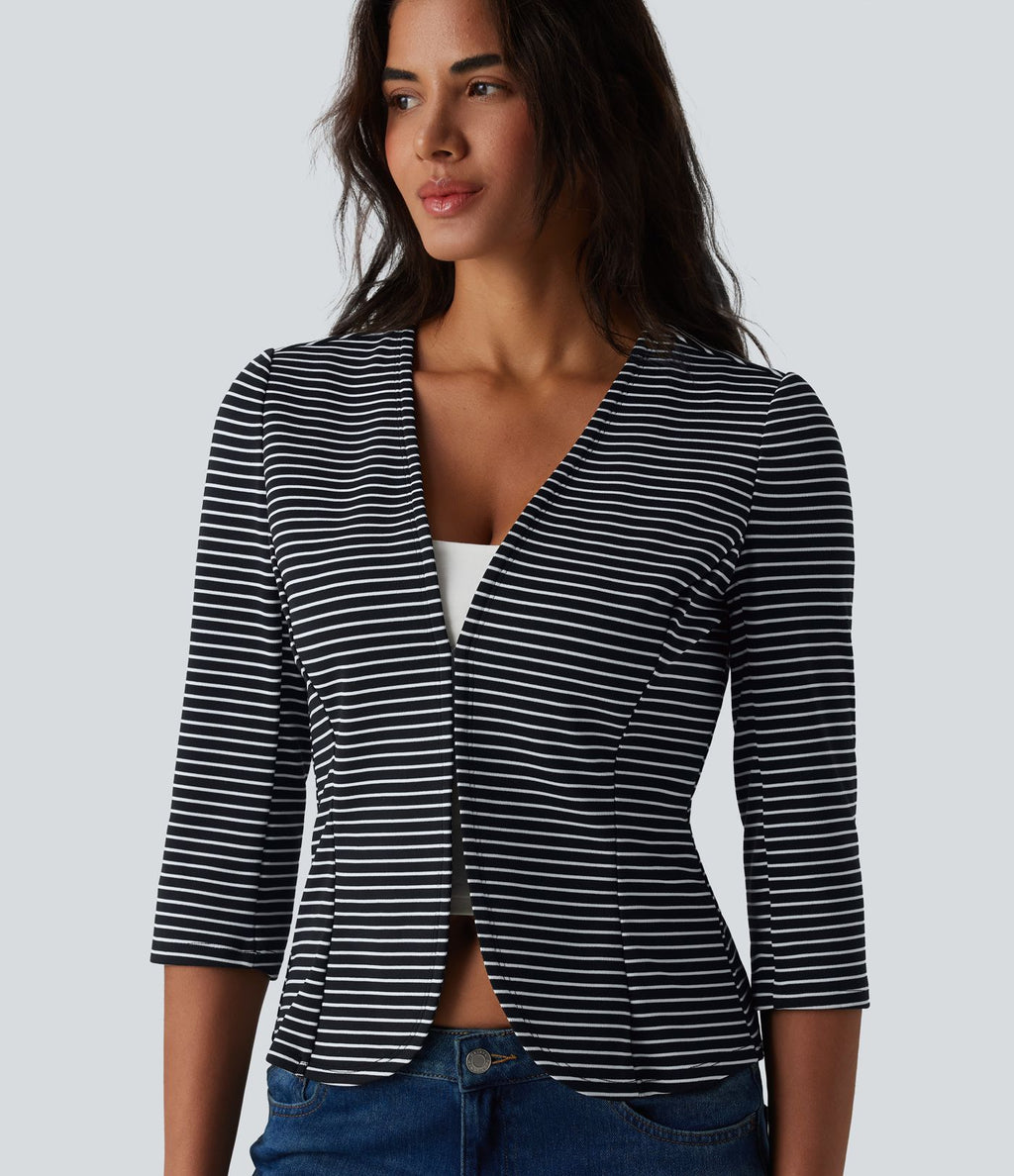 Blazer casual ouvert col V manches 3/4 à rayures en maille côtelée