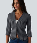 Blazer casual ouvert col V manches 3/4 à rayures en maille côtelée