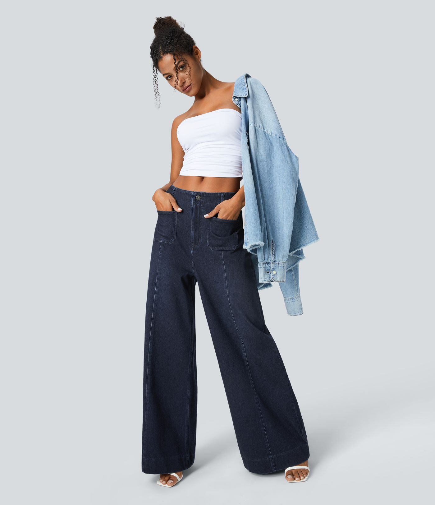Halara Flex™ Jean large Palazzo et Taille Haute avec Poches Avant en Tricot Extensible Lavé