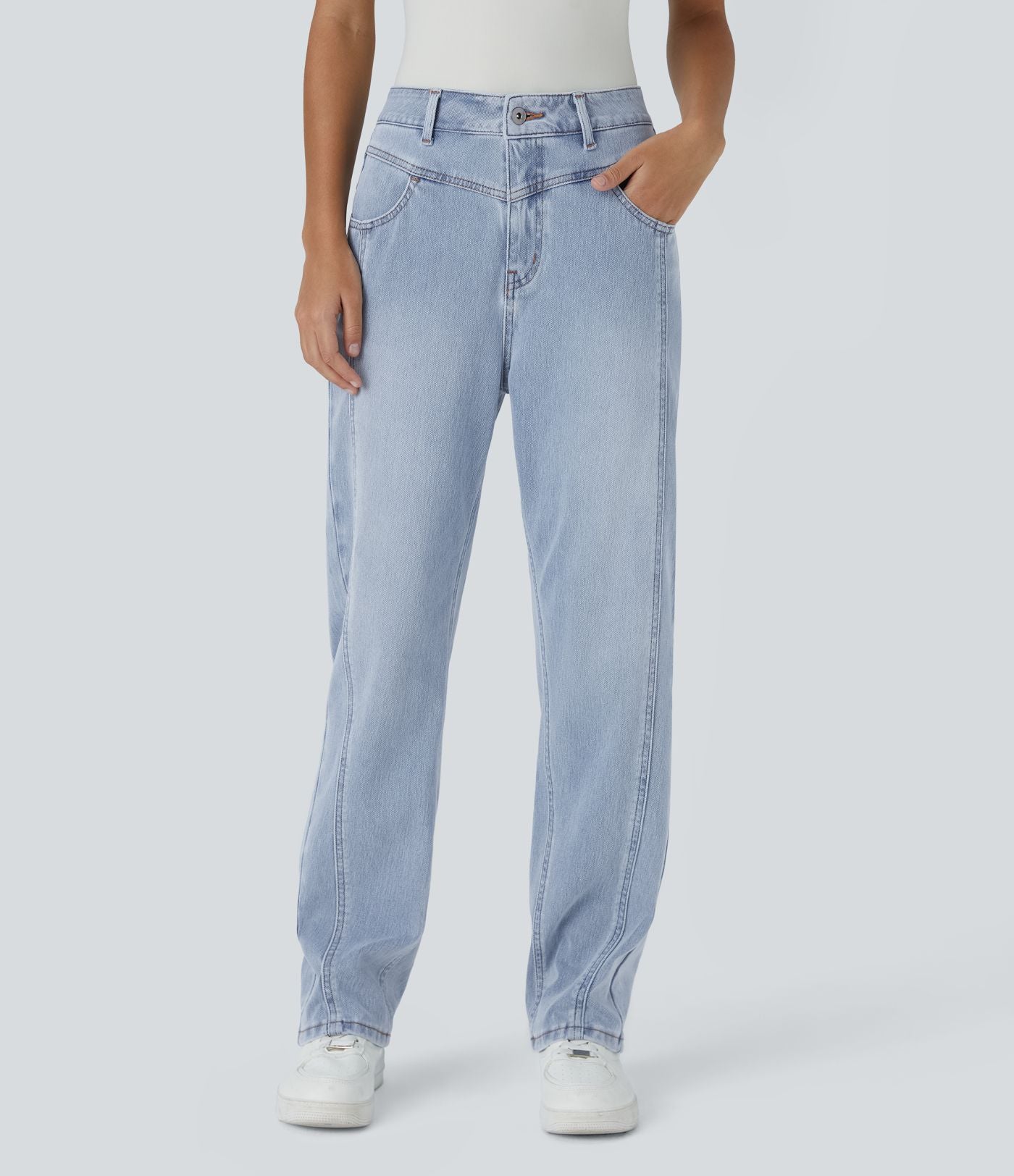 Jean décontracté Halara Flex™ taille haute extensible en maille avec bouton, fermeture éclair, poches multiples et effet délavé