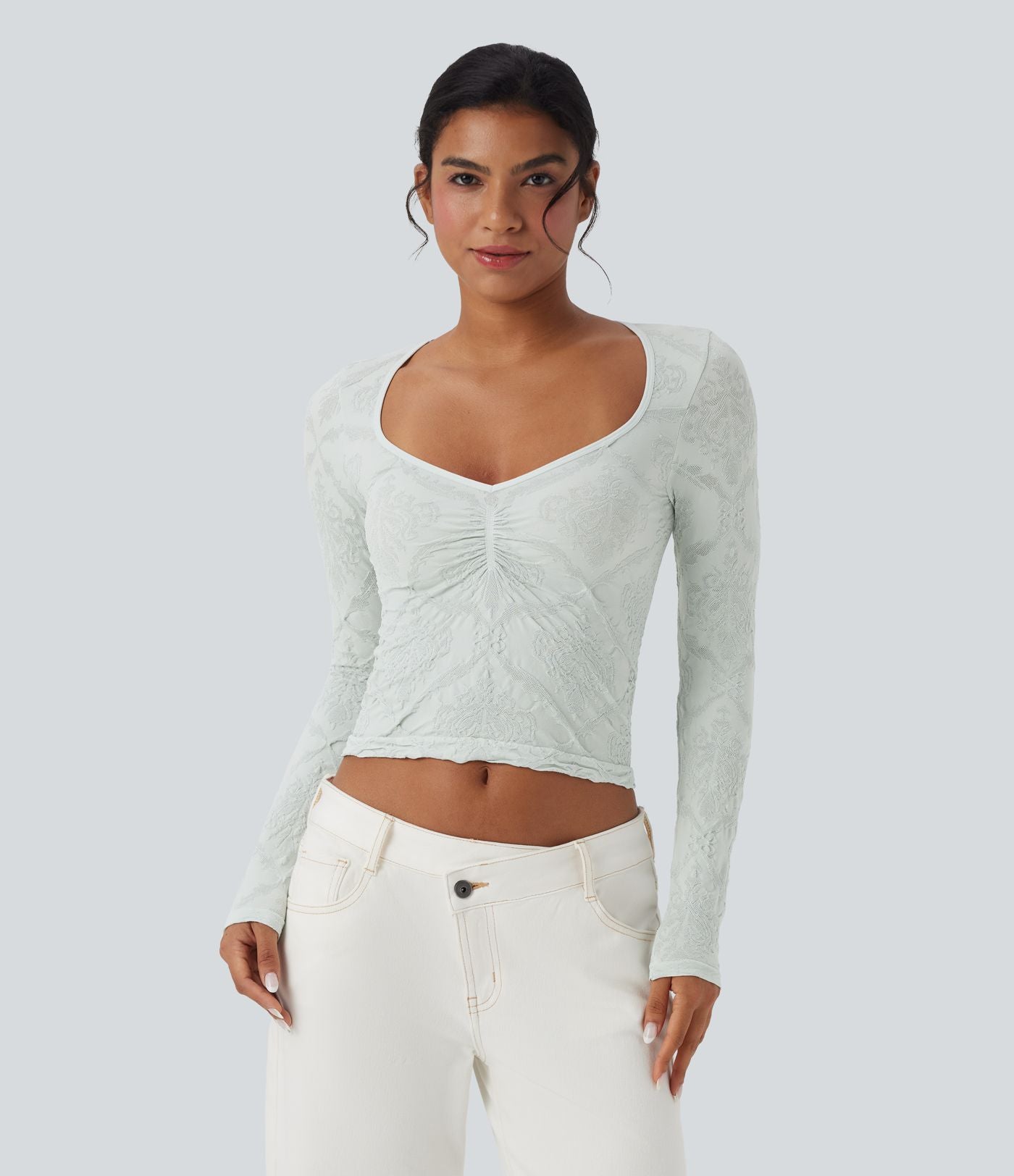 Haut de sport décolleté cœur jacquard à manches longues sans couture OneForm Seamless Flow