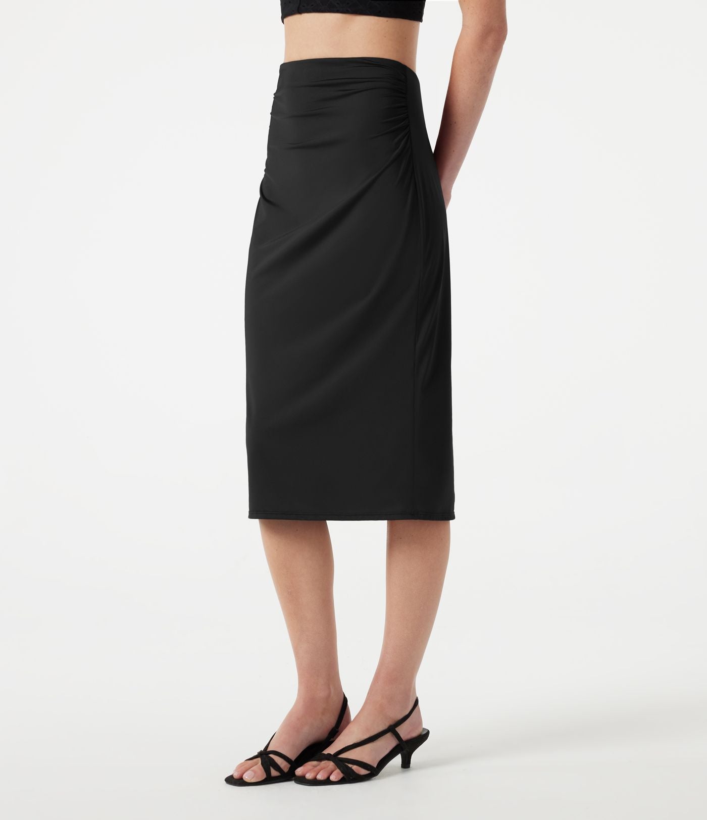 Jupe crayon midi décontracté taille haute extensible aspect satiné à effet frais InstantCool avec fronces
