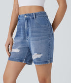 Halara Flex™ Short en denim extensible taille haute avec poches multiples, déchirures, ourlet roulotté et effet délavé
