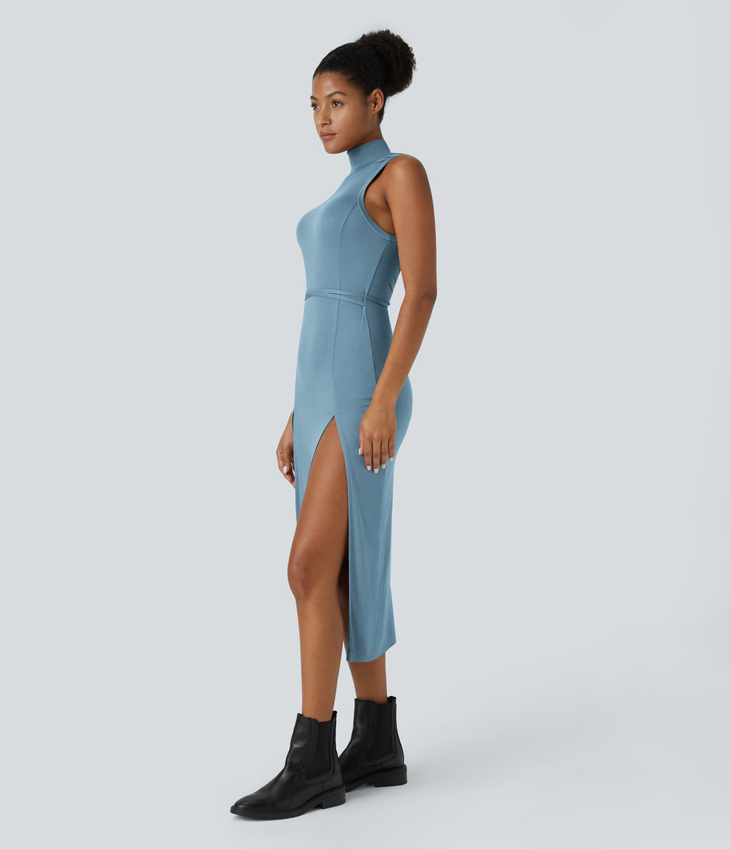 Robe Casual Midi 2 Pièces Capuche Col Montant Sans Manches Fendue avec Découpe Dos Nœud Côtelée