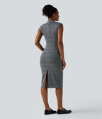 Robe de travail midi moulante sans manches col montant pied-de-poule à carreaux