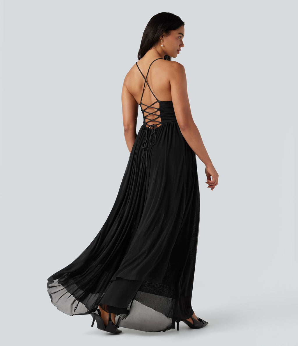 Robe longue à bretelles en résille superposée avec laçage et soutien-gorge intégré