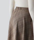 Jupe midi évasée à taille haute et poches latérales, motif pied-de-poule