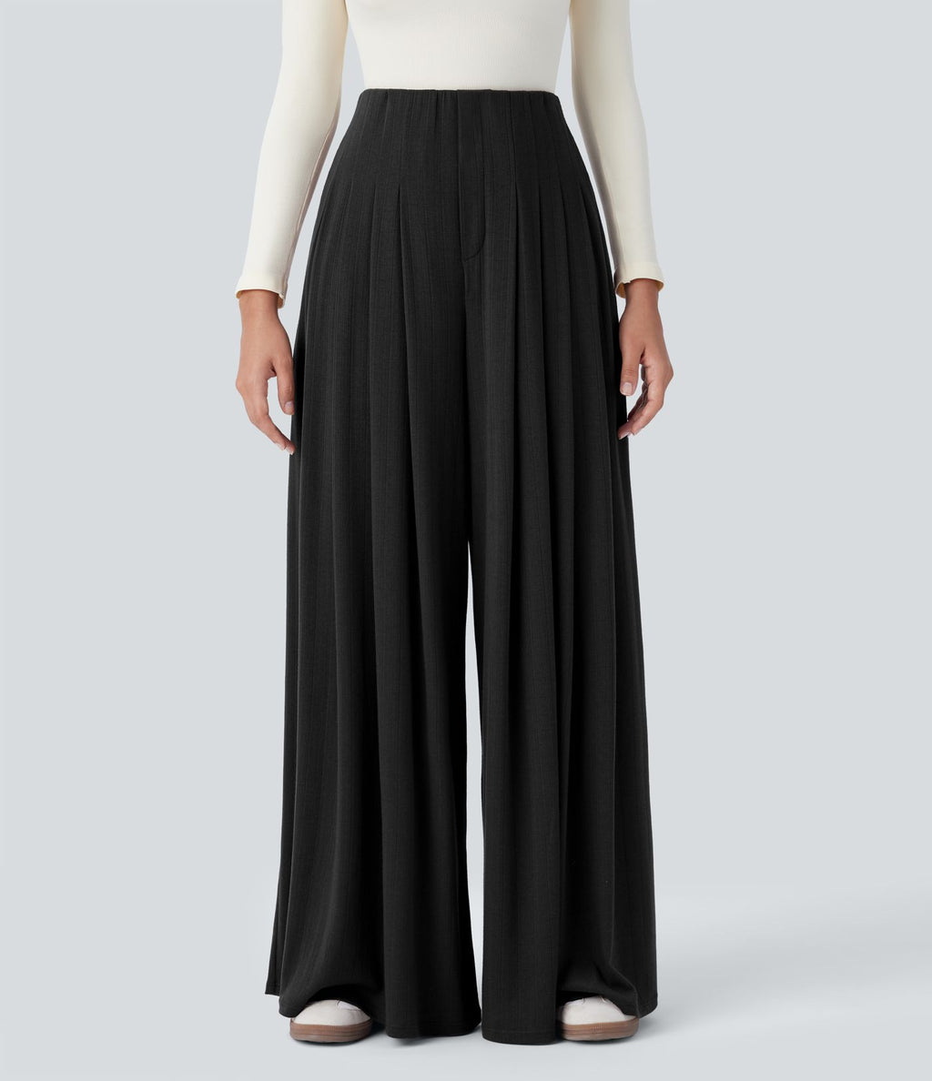 Pantalon décontracté ample à taille haute, plissé et à poches latérales