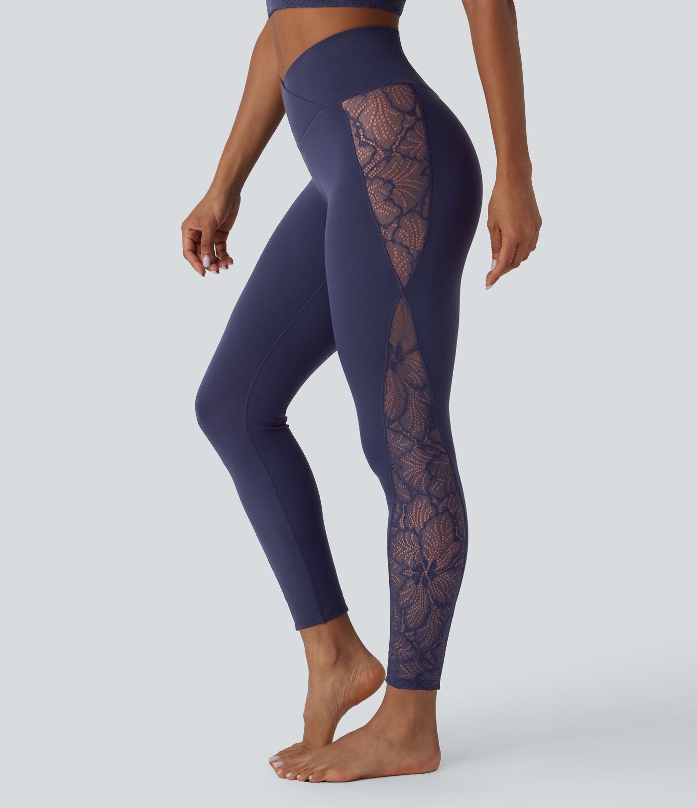 Softlyzero™ Legging Yoga 7/8 Taille Haute avec Poche au Dos Découpe Croisée et Dentelle Contrastante