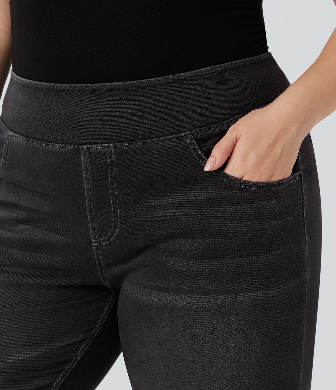 Jean décontracté Halara Flex™ grande taille bootcut taille haute en maille extensible délavée avec multiples poches