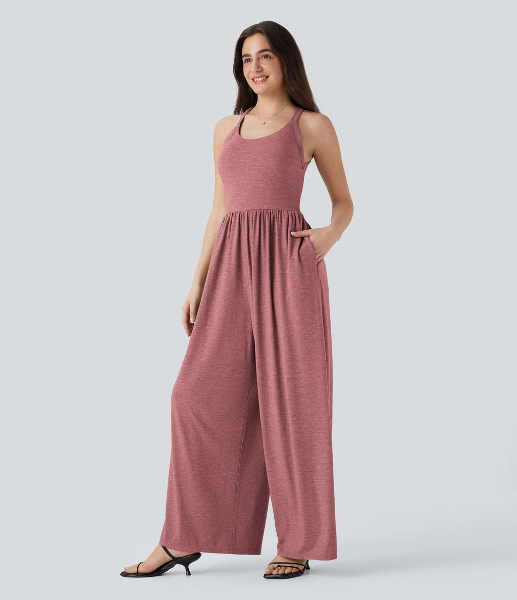 Combinaison décontractée dos nu torsadée large fluide avec brassière intégrée et poches - Easy Peasy Edition