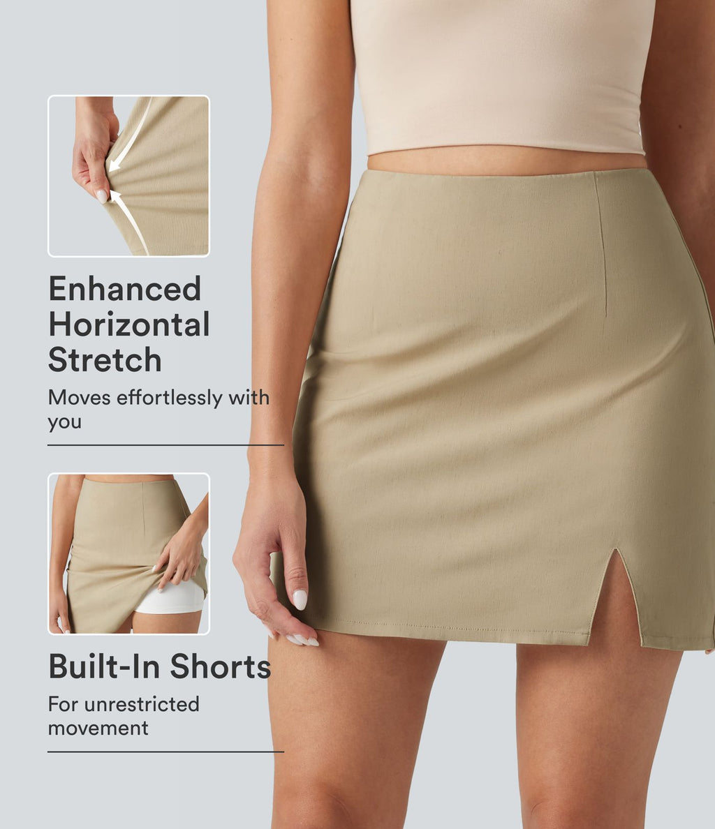 Jupe décontractée taille haute en lin extensible 2-en-1 avec fermeture éclair invisible et fente