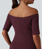 Robe midi moulante épaules dénudées manches courtes