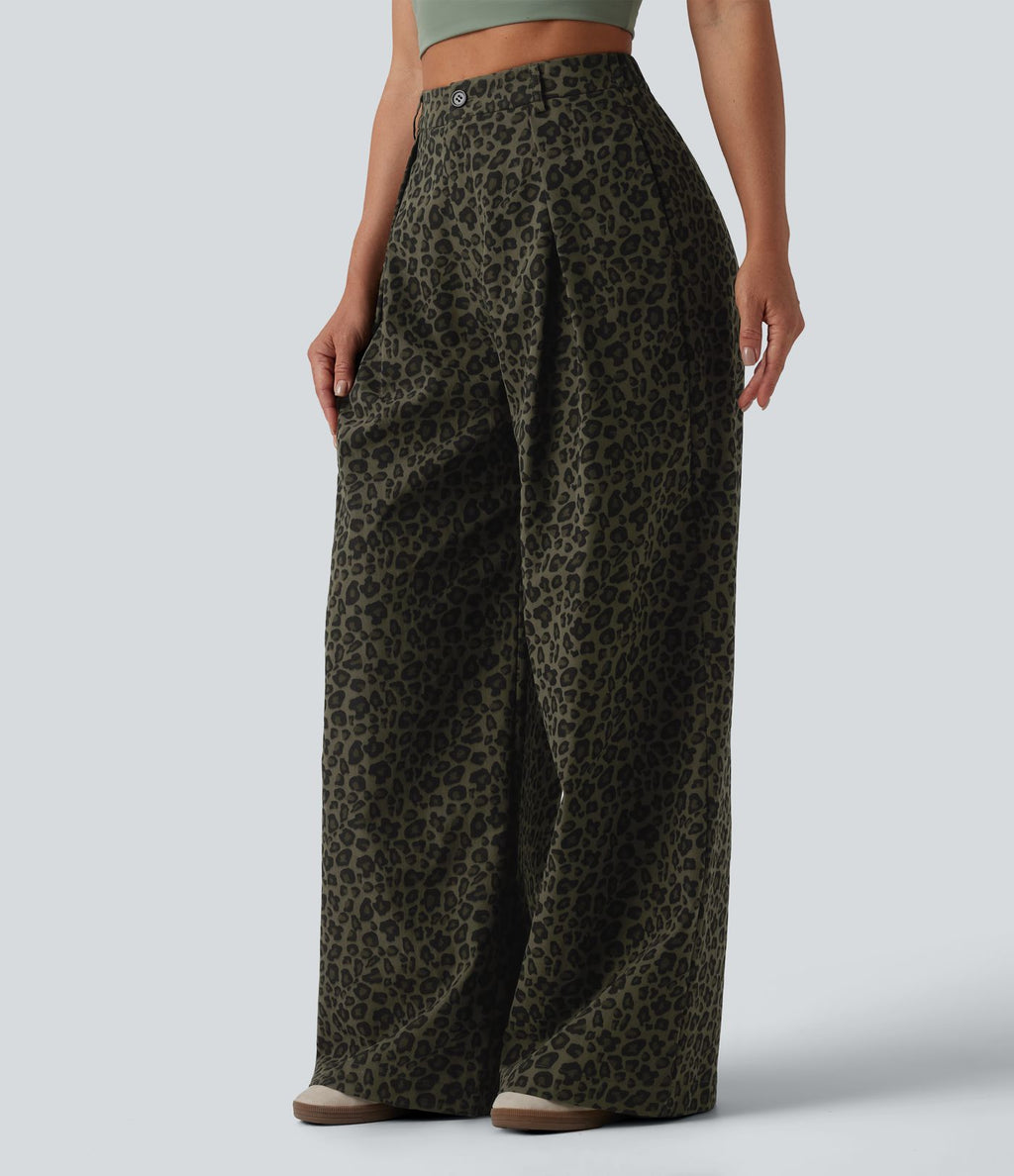 Pantalon large décontracté imprimé léopard taille mi-haute avec poches
