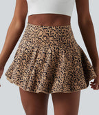 Jupe-short de tennis mini taille haute évasée imprimé léopard avec poches