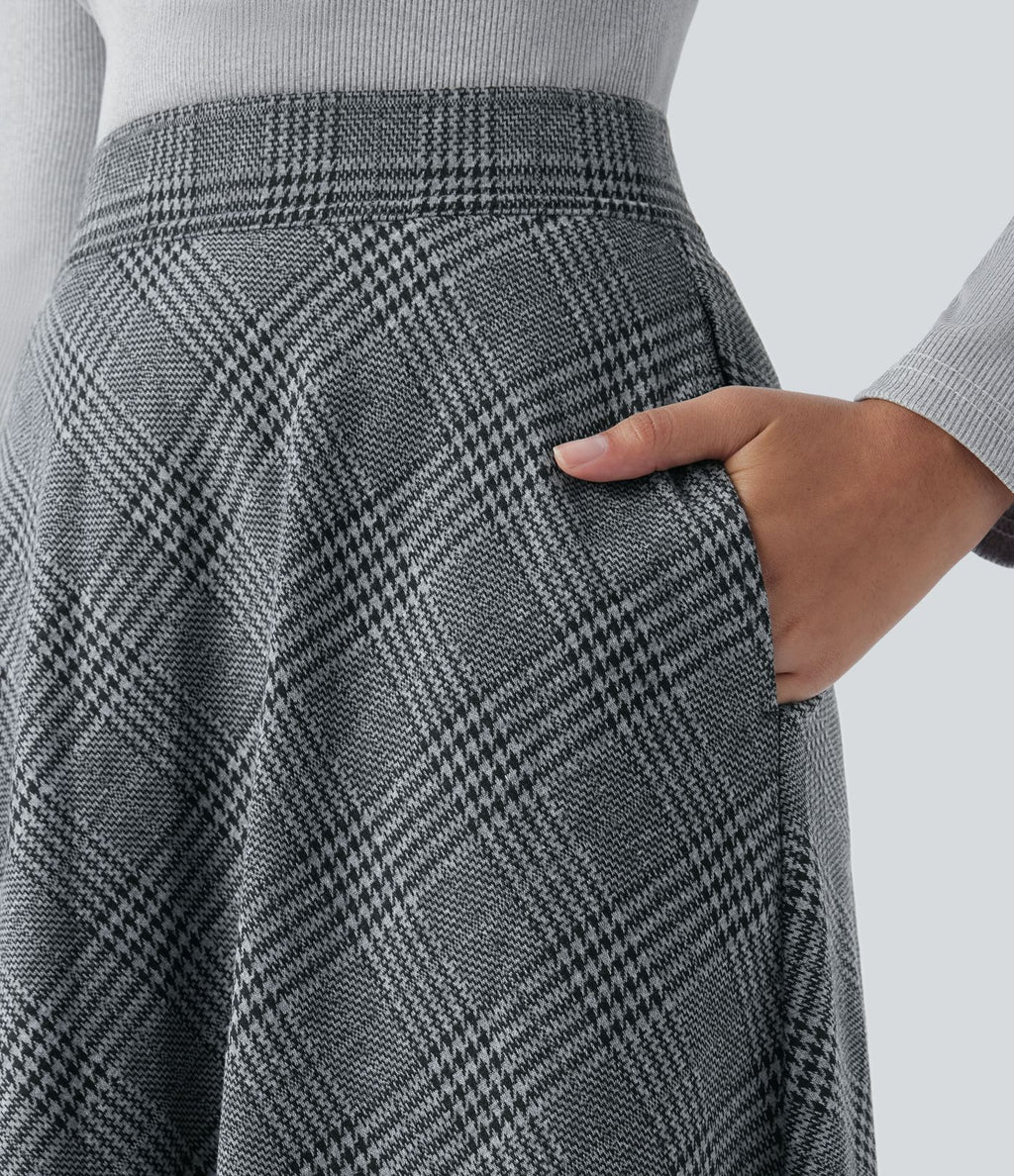 Jupe midi évasée à carreaux pied-de-poule taille haute avec poches latérales