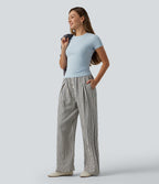 Pantalon large décontracté à carreaux taille mi-haute avec cordon de serrage et poches