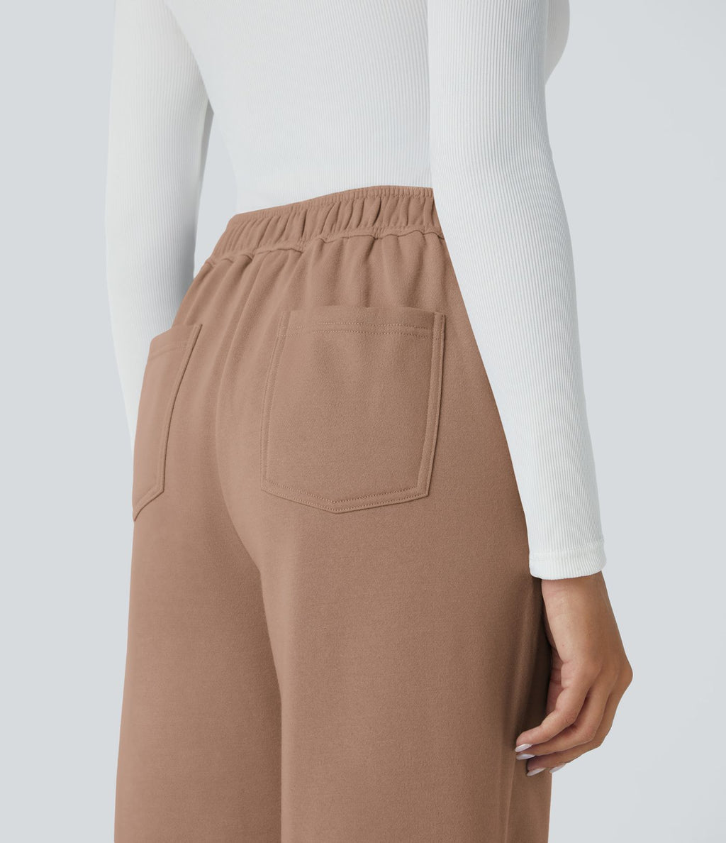 Pantalon Jogging en Fleece Thermique Jambe Droite Boutons Taille Haute Plusieurs Poches