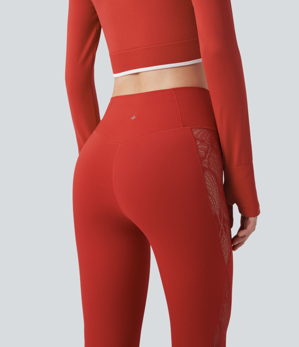 Softlyzero™ Legging Yoga 7/8 Taille Haute avec Poche au Dos Découpe Croisée et Dentelle Contrastante