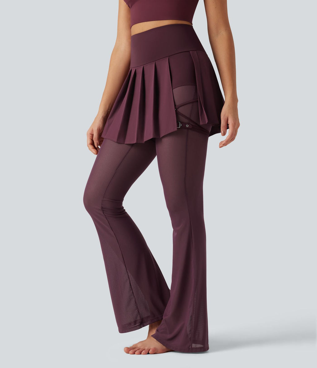 Legging de danse flare Breezeful™ 2-en-1 avec jupe plissée, taille haute, mesh contrasté, séchage rapide et poches