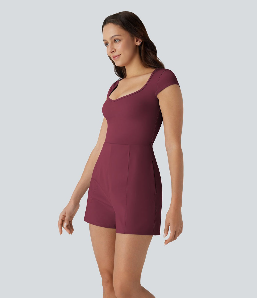 Combinaison de yoga Softlyzero™ Airy avec col U, manches courtes et poches latérales - Édition Easy Peasy