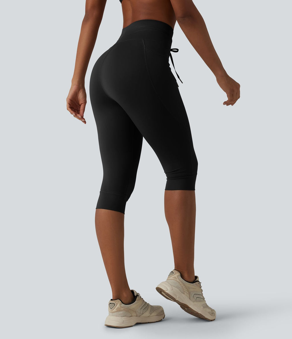 Legging yoga uni corsaire taille haute avec cordon de serrage et poches