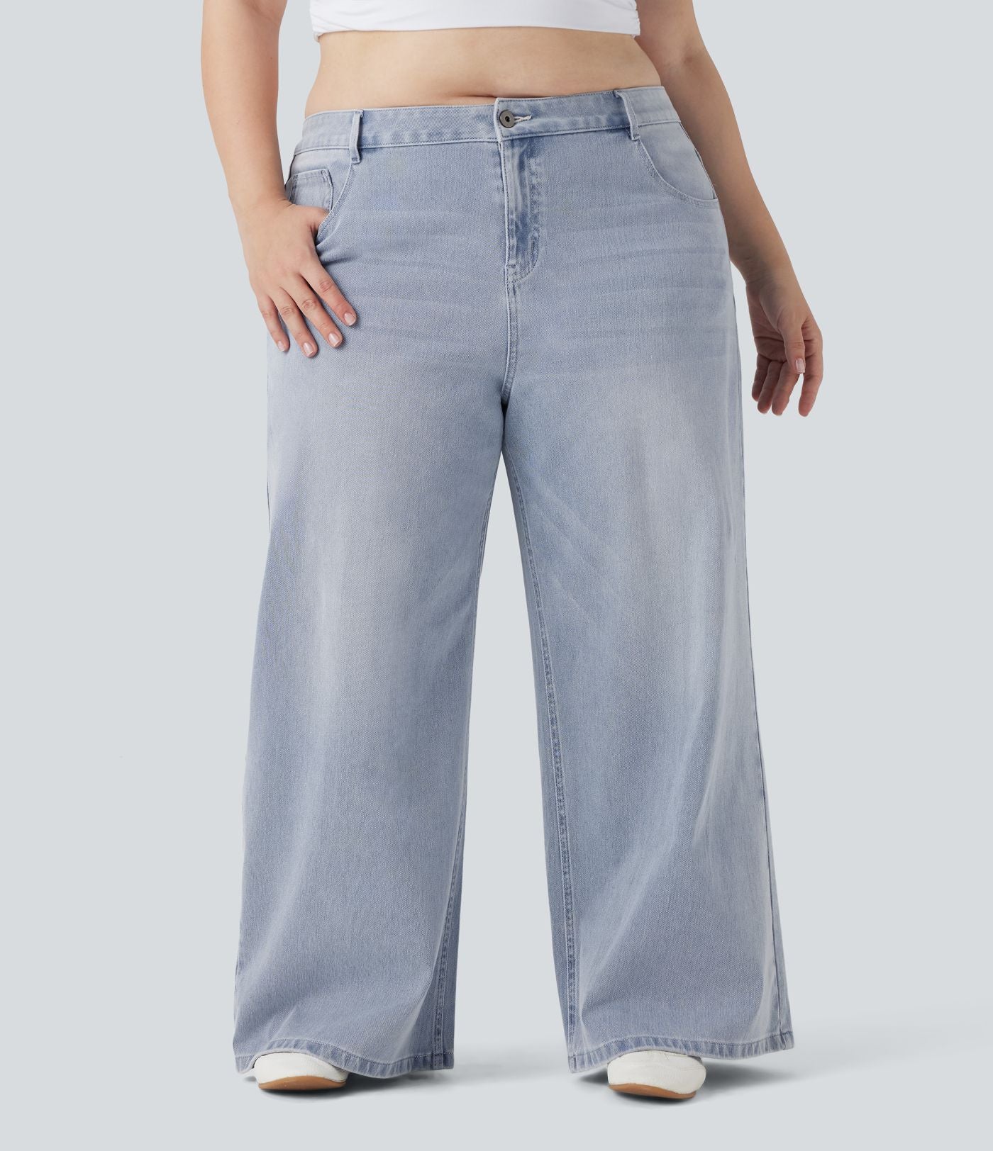 Jean décontracté grande taille Halara Flex™ taille basse large en maille extensible délavée avec multiples poches