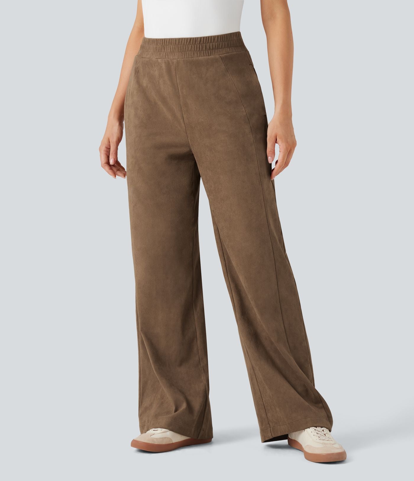 Pantalon ample décontracté suédine taille mi-haute avec poches