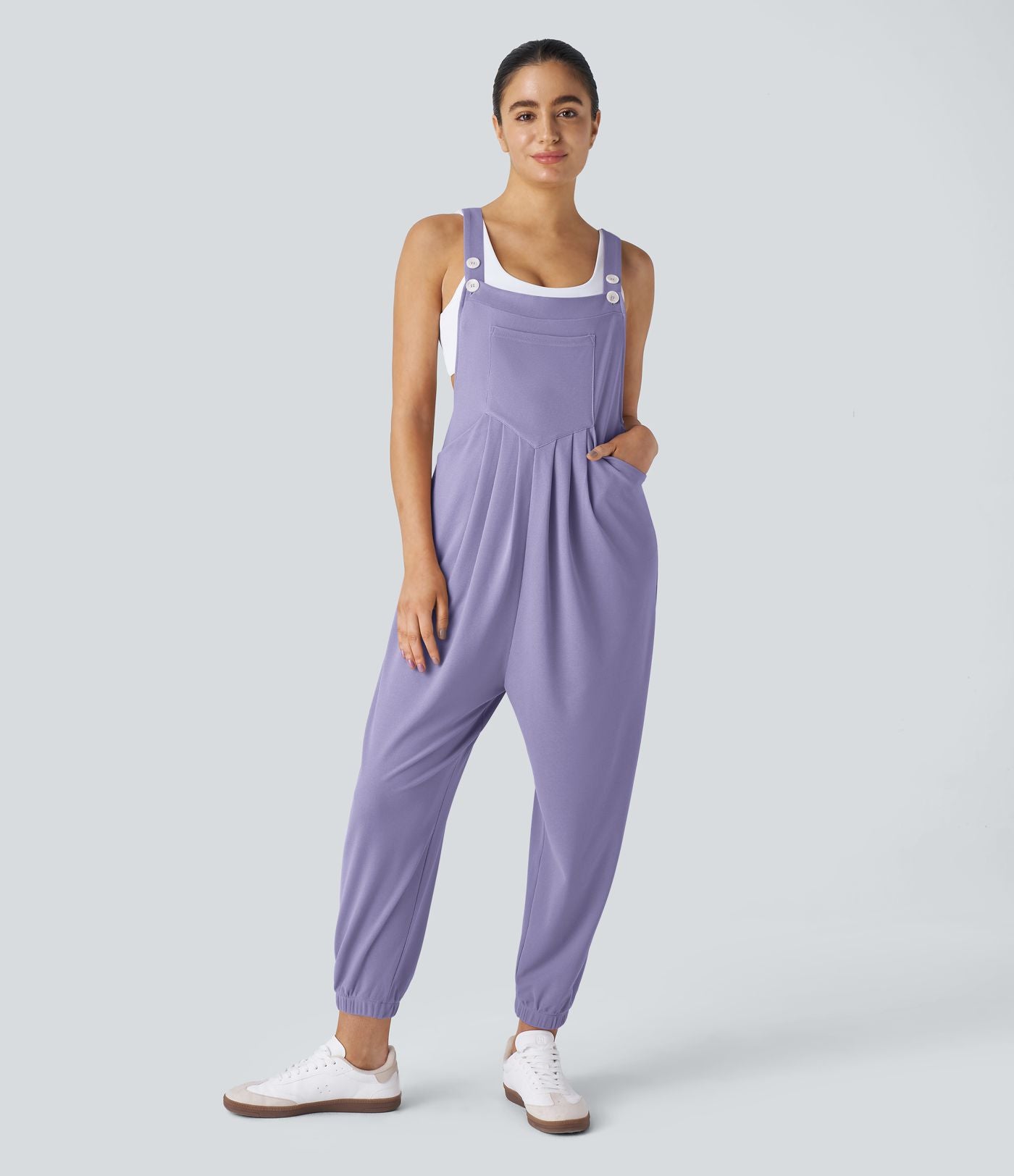 Salopette Casual Bretelles Ajustables Boutonnés Multiples Poches Plis et Tissu Gaufré
