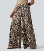 Pantalon large casual taille haute imprimé léopard, avec poches