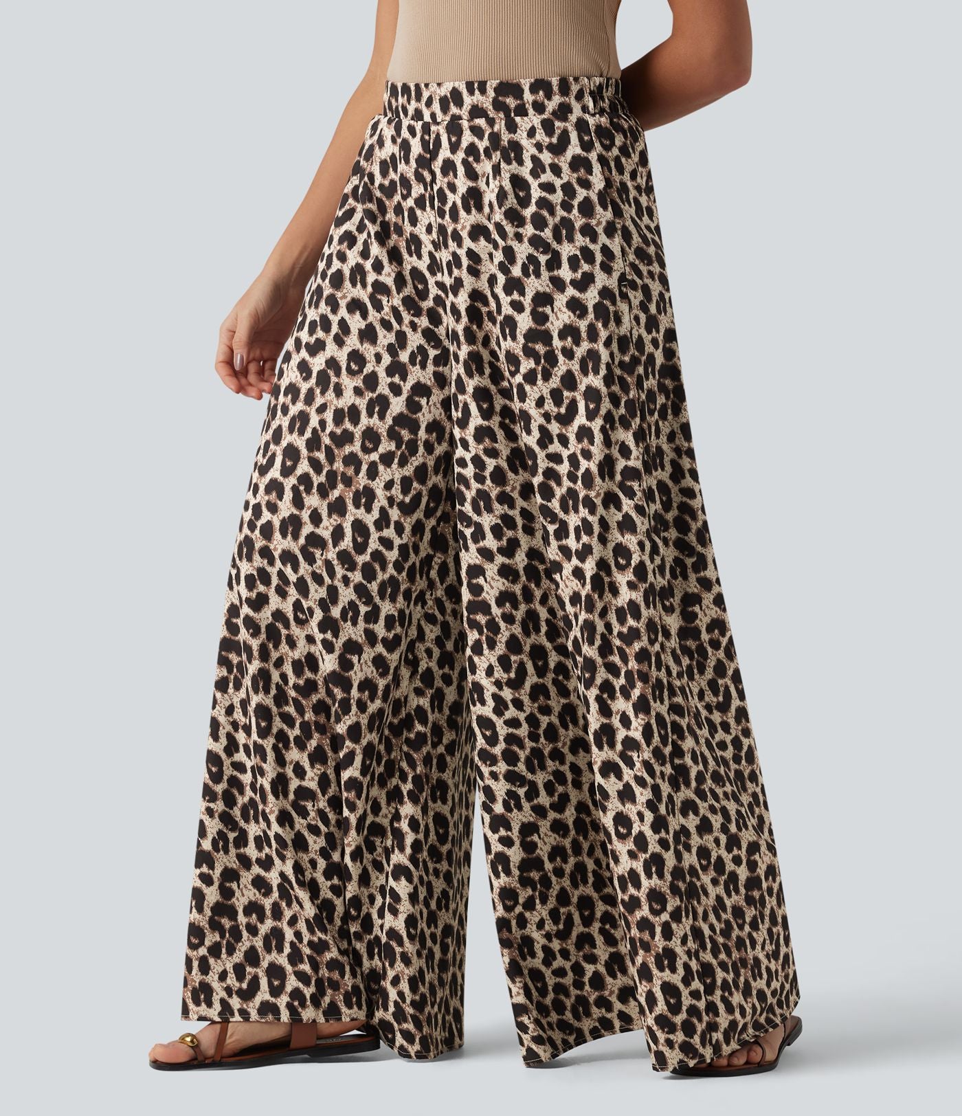 Pantalon large casual taille haute imprimé léopard, avec poches
