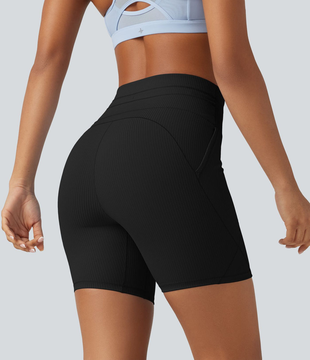 Short cycliste de yoga en maille côtelée taille haute avec cordon de serrage séchage rapide 15 cm avec poches - UPF50+
